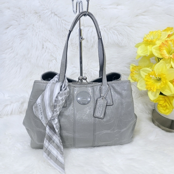 Coach Gray/Silver Kiss Lock Handbag Purse No. F1182-F15658 - Picture 1 of 15